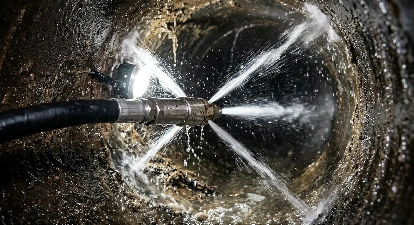 High-pressure hydro jetting nozzle cleaning sewer pipe for Trenchless Sewer Repair in Indiana