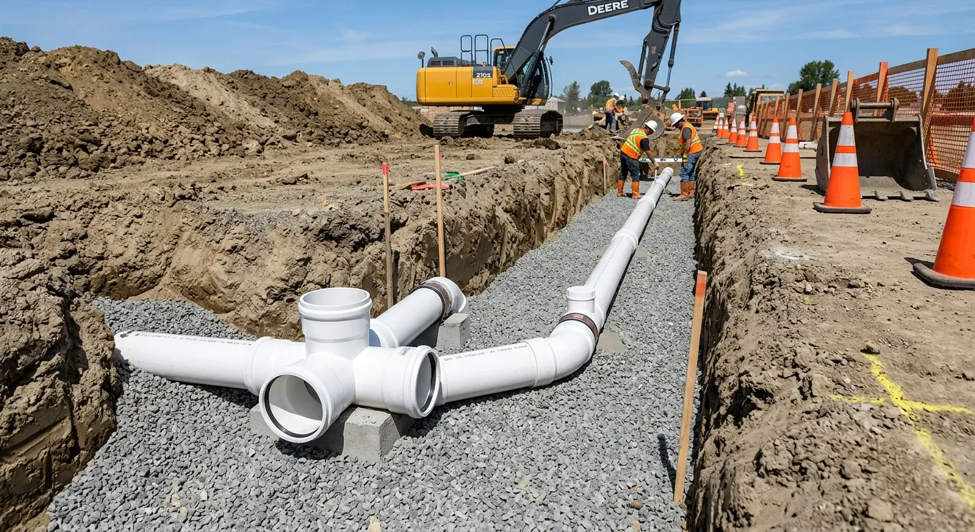 New PVC sewer pipe installation in open trench for Sewer Backup in Indiana