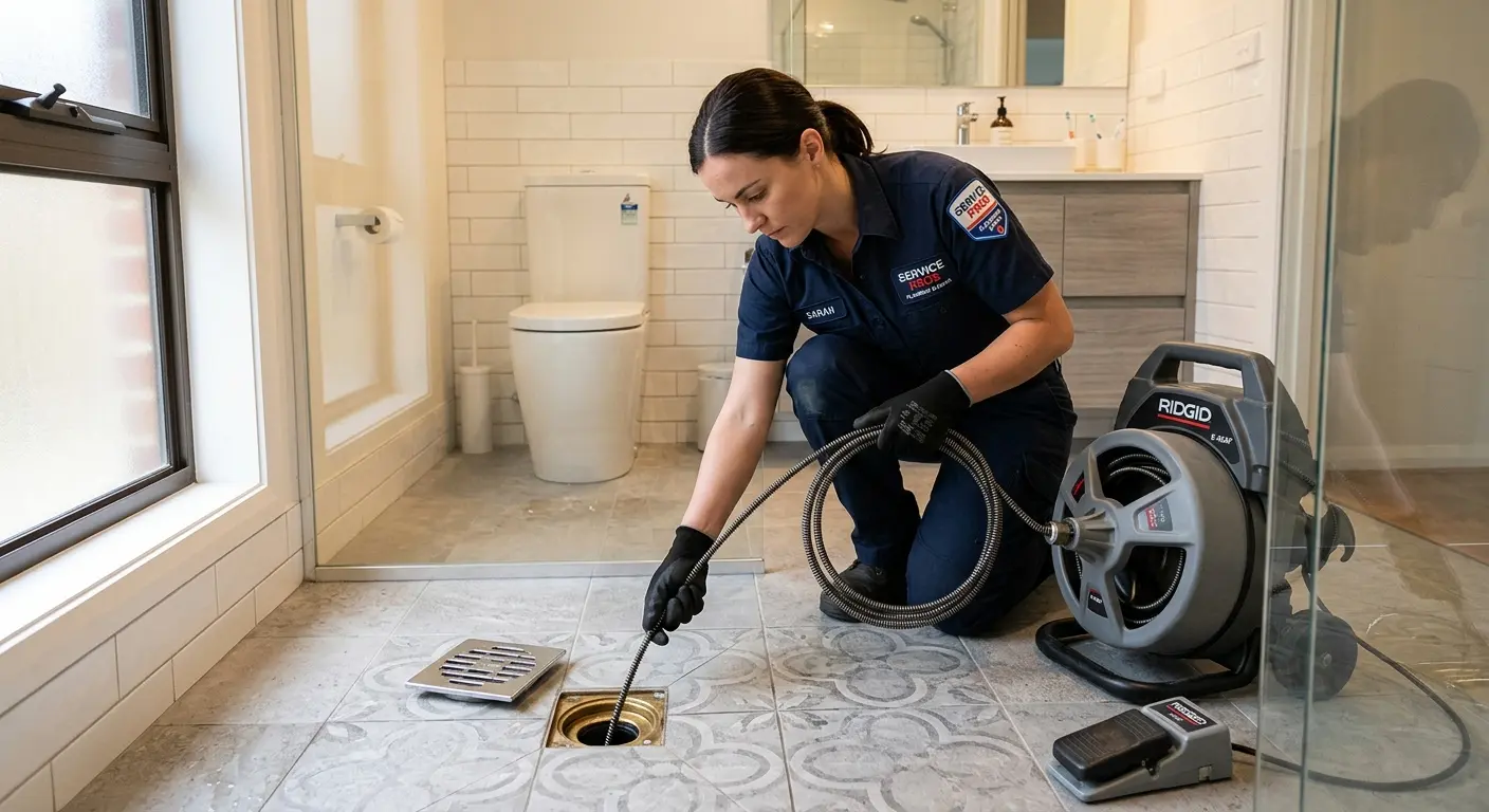 Technician clearing a bathroom floor drain for Sewer Line Replacement in Indiana